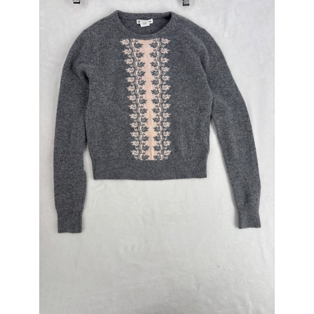 Club Monaco Gray Pink Floral‎ Intarsia Wool Alpaca Blend Sweater XS Cropped Knit